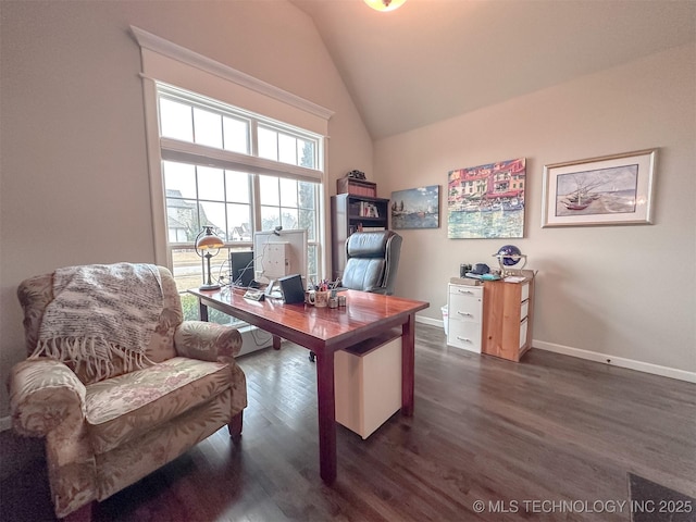 office featuring dark wood-type flooring and vaulted ceiling