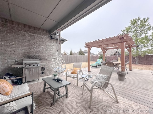 view of patio / terrace with a grill, a pergola, and outdoor lounge area