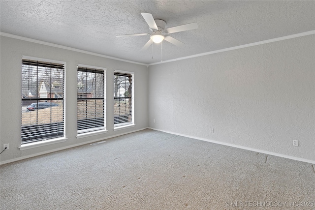 empty room featuring crown molding, carpet, ceiling fan, and a textured ceiling