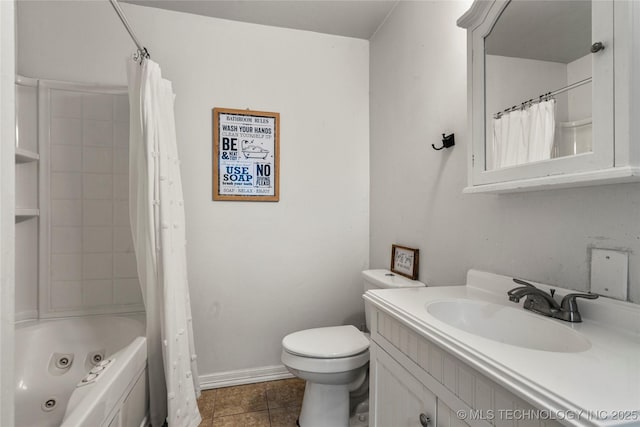 full bathroom with vanity, tile patterned flooring, shower / bath combination with curtain, and toilet