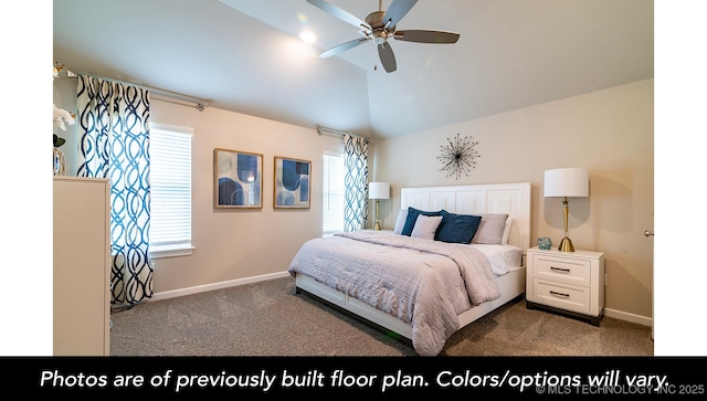 bedroom with ceiling fan, lofted ceiling, and carpet