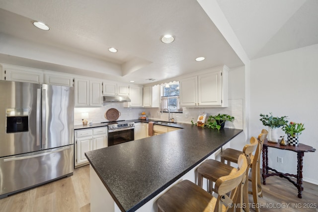 kitchen with white cabinetry, stainless steel appliances, kitchen peninsula, and a raised ceiling