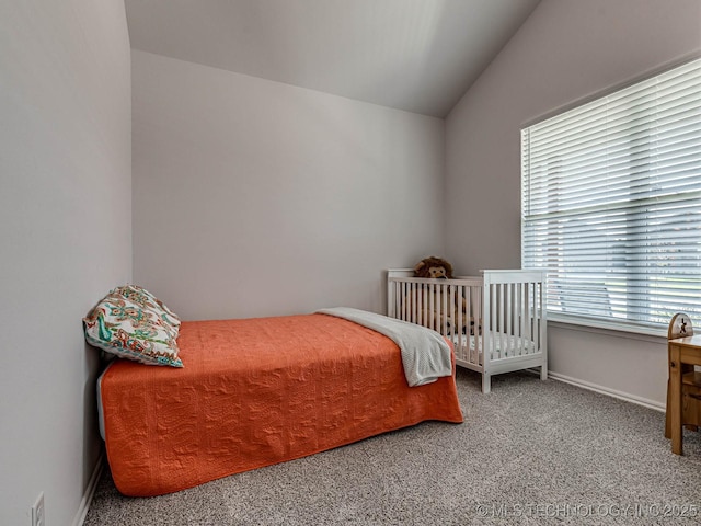 bedroom with lofted ceiling and carpet floors