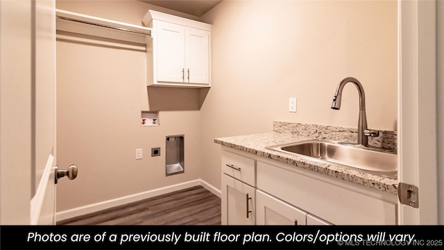 laundry room with sink, cabinets, hookup for a washing machine, dark wood-type flooring, and hookup for an electric dryer