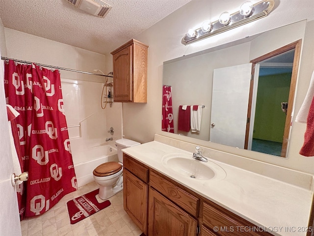 full bathroom featuring shower / tub combo, vanity, a textured ceiling, and toilet