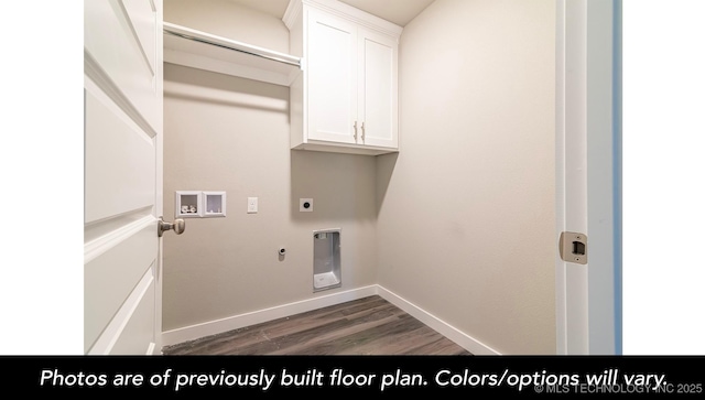 laundry room with gas dryer hookup, dark hardwood / wood-style flooring, cabinets, hookup for a washing machine, and electric dryer hookup