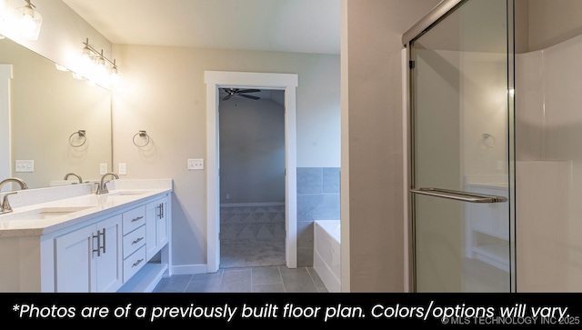 bathroom featuring tile patterned flooring, vanity, separate shower and tub, and ceiling fan