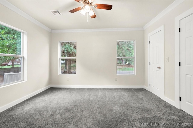 unfurnished bedroom with crown molding, ceiling fan, and carpet