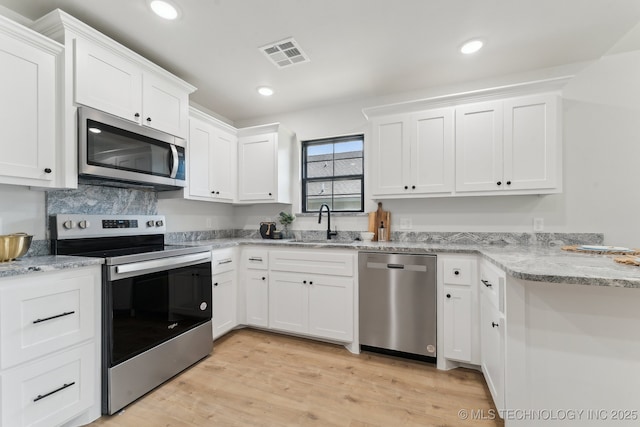 203 W Monroe Ave, Mcalester, OK 74501 - kitchen with appliances with stainless steel finishes, a sink, a peninsula, white cabinetry, and light stone countertops