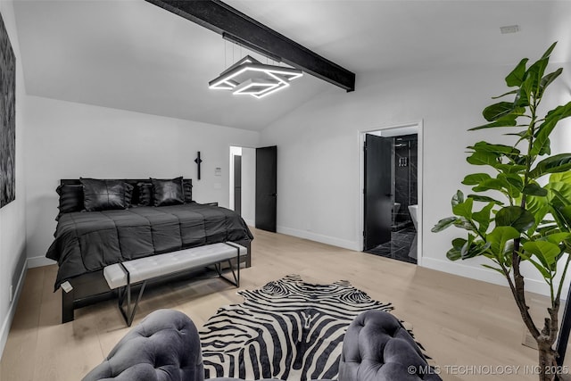 bedroom featuring light hardwood / wood-style flooring and vaulted ceiling with beams