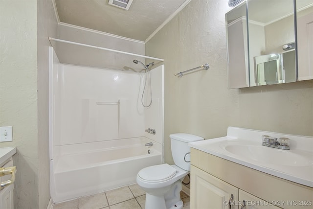 full bathroom with tile patterned flooring, vanity, a textured ceiling, shower / bathtub combination, and toilet