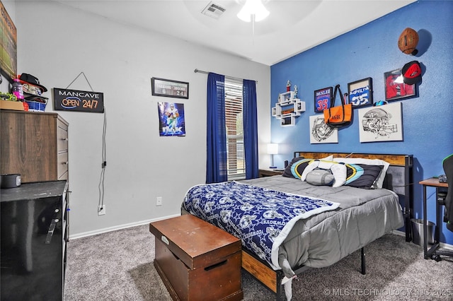 carpeted bedroom featuring ceiling fan