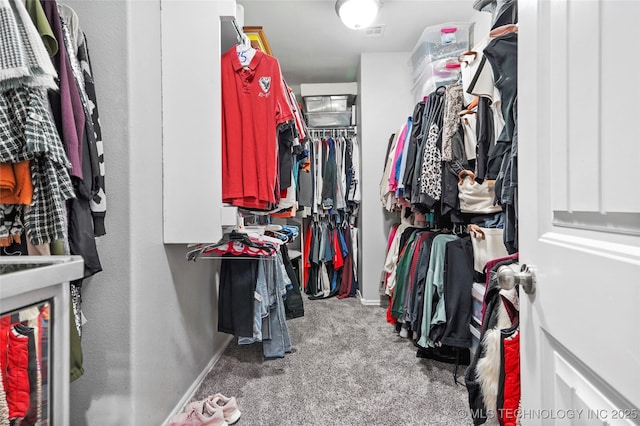 walk in closet with light carpet