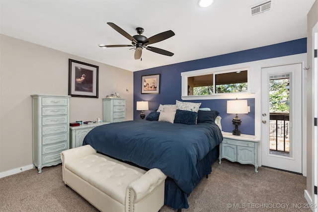 bedroom featuring ceiling fan, access to exterior, and light carpet