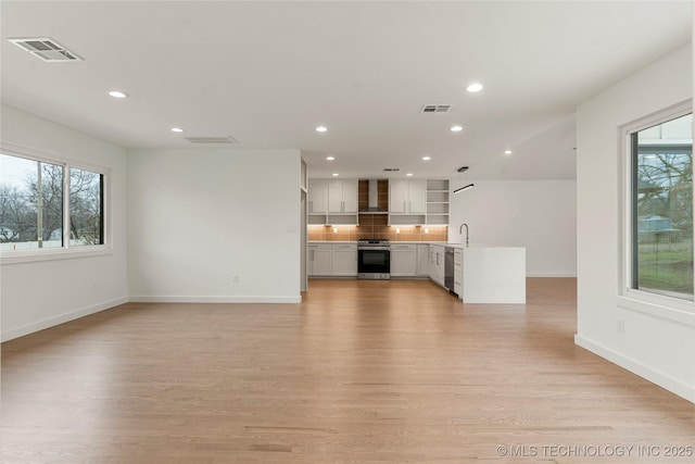 unfurnished living room featuring sink and light hardwood / wood-style flooring