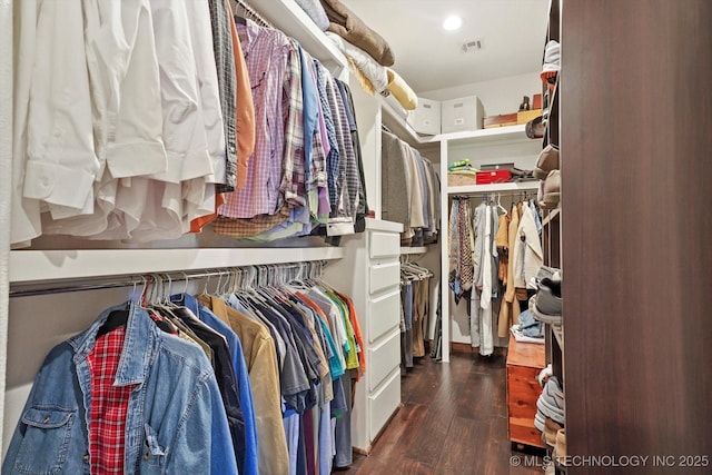 walk in closet with dark hardwood / wood-style flooring