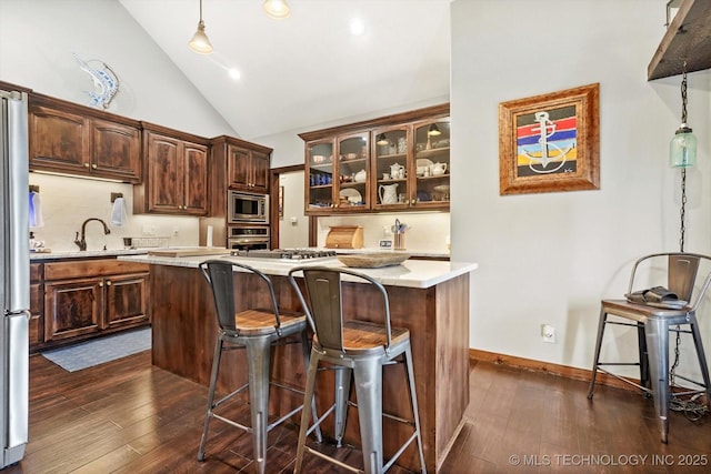 kitchen with a kitchen island, appliances with stainless steel finishes, pendant lighting, and dark hardwood / wood-style flooring