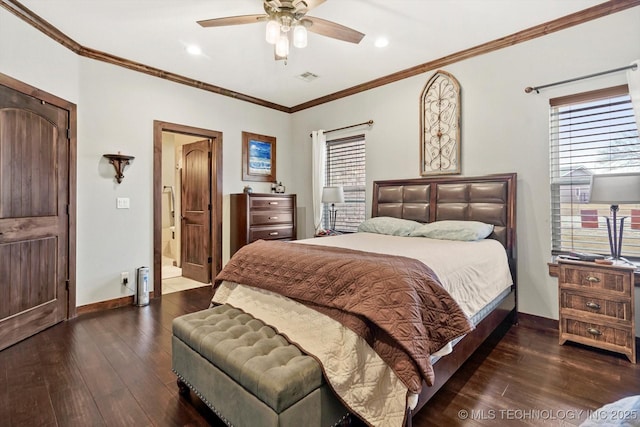 bedroom featuring crown molding, dark hardwood / wood-style floors, and ceiling fan