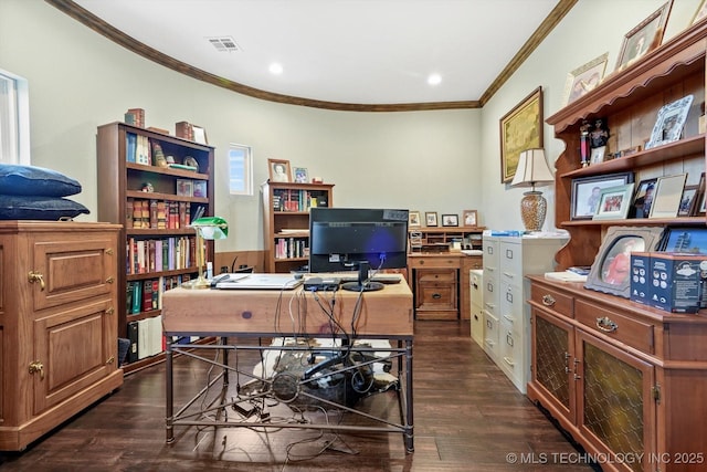 office area featuring crown molding and dark wood-type flooring