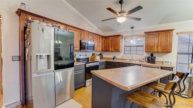 kitchen with lofted ceiling, sink, appliances with stainless steel finishes, ornamental molding, and a kitchen bar