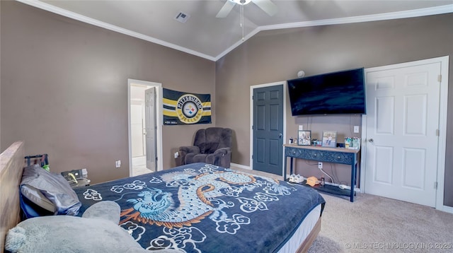 bedroom with crown molding, lofted ceiling, carpet flooring, and ceiling fan