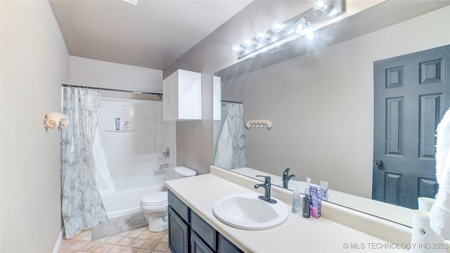 full bathroom featuring vanity, tile patterned flooring, shower / bath combination with curtain, and toilet