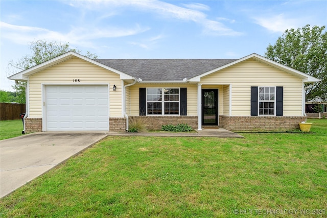 single story home with a garage and a front yard