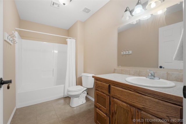 full bathroom with shower / bath combination with curtain, tile patterned floors, toilet, and vanity