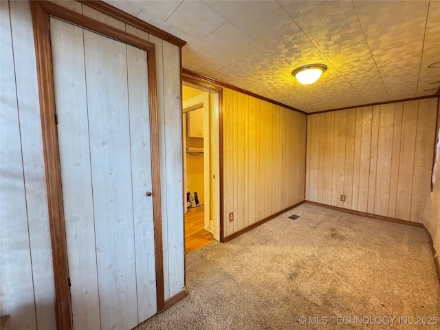 interior space featuring wooden walls, light colored carpet, and a closet