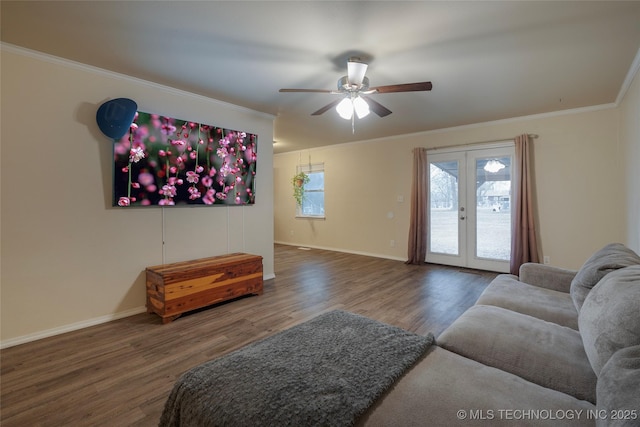 living room with french doors, ornamental molding, and hardwood / wood-style floors