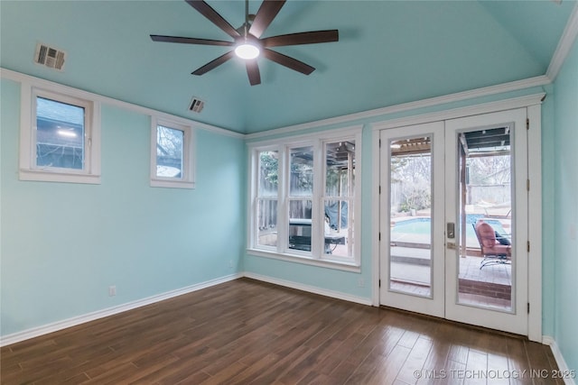 spare room with french doors, lofted ceiling, ceiling fan, dark wood-style floors, and baseboards