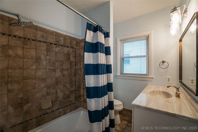 full bathroom with toilet, vanity, shower / bath combo, and tile patterned floors