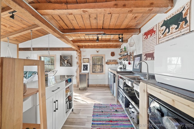 kitchen with white cabinetry, pendant lighting, wooden ceiling, and rail lighting