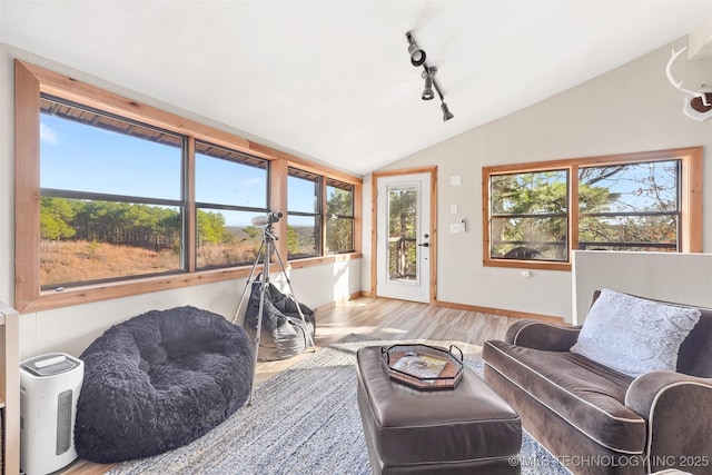 interior space with rail lighting, vaulted ceiling, and light hardwood / wood-style flooring