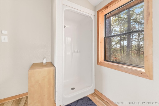 bathroom featuring wood-type flooring and walk in shower