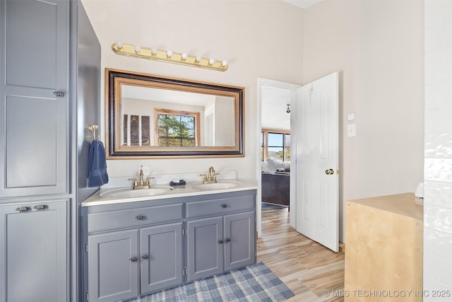 bathroom featuring hardwood / wood-style flooring and vanity