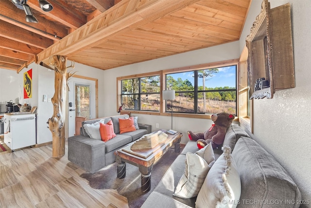 living room featuring wood ceiling