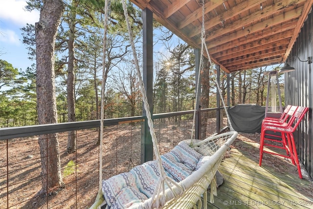 wooden deck featuring lofted ceiling with beams, a grill, and wood ceiling