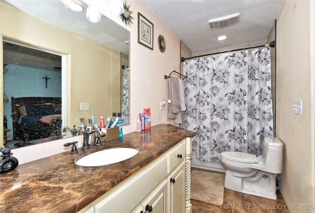 bathroom with vanity, wood-type flooring, walk in shower, and toilet