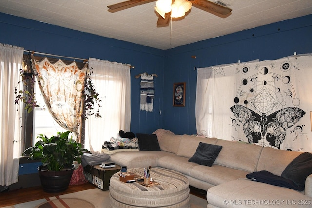 living room with ceiling fan