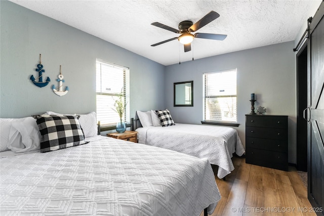 bedroom with multiple windows, hardwood / wood-style flooring, a barn door, and ceiling fan