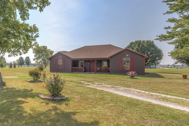 single story home featuring covered porch and a front lawn