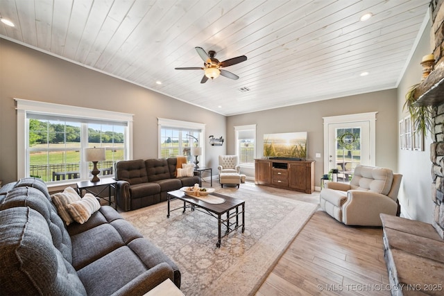 living room featuring ceiling fan, lofted ceiling, light hardwood / wood-style floors, and wooden ceiling