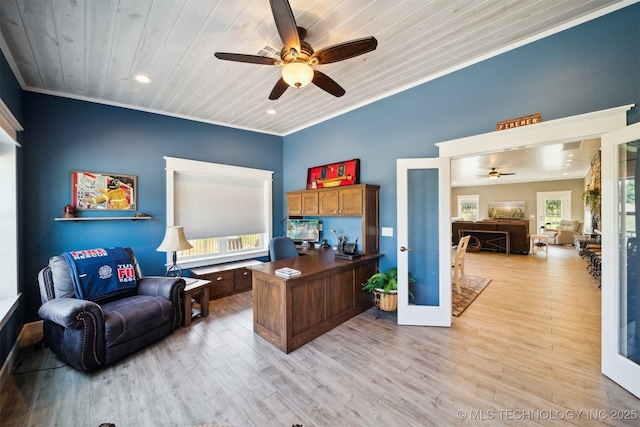 office space featuring crown molding, light hardwood / wood-style flooring, wooden ceiling, and french doors