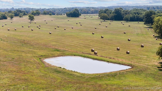 birds eye view of property featuring a water view and a rural view