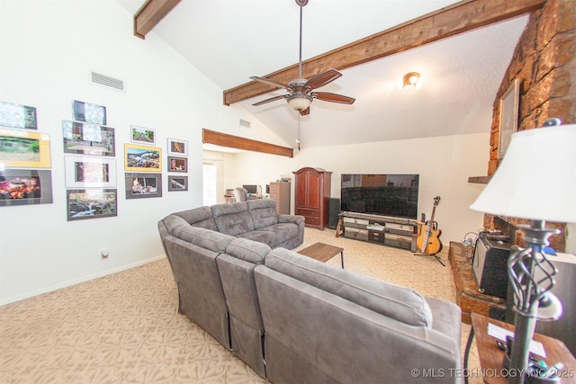 carpeted living room with ceiling fan, beam ceiling, and high vaulted ceiling