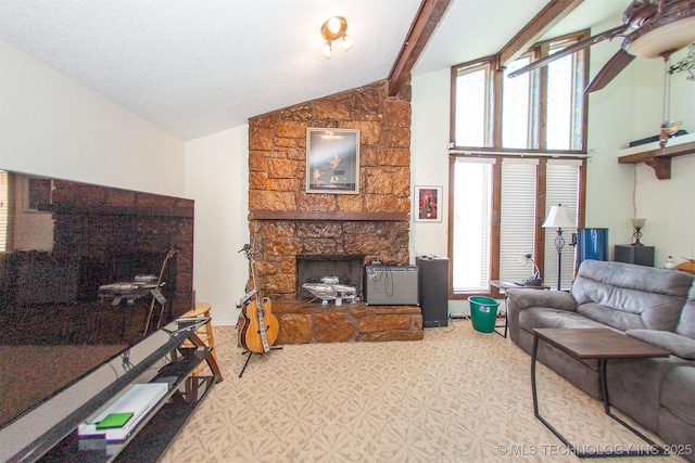 carpeted living room featuring beamed ceiling, a stone fireplace, and high vaulted ceiling