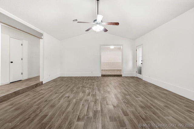 interior space with hardwood / wood-style flooring, ceiling fan, and lofted ceiling