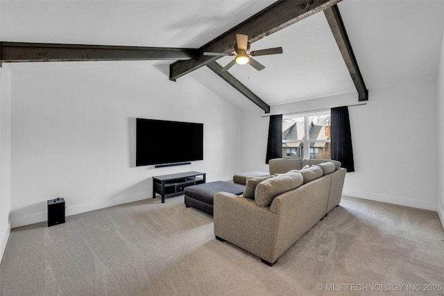 living room with ceiling fan, lofted ceiling with beams, and light carpet