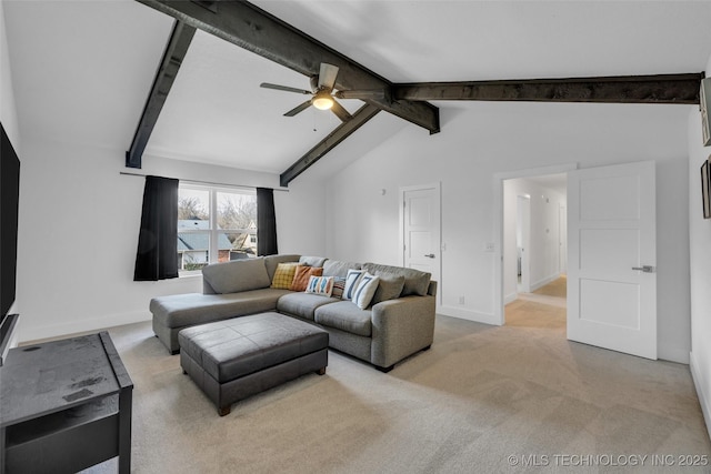 carpeted living room featuring vaulted ceiling with beams and ceiling fan